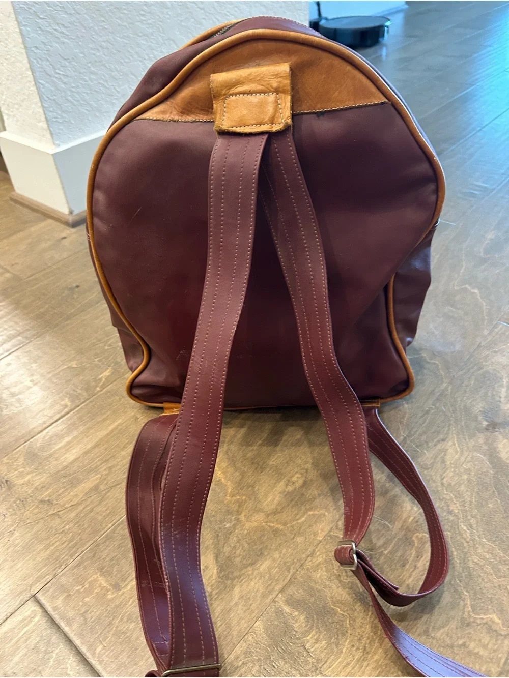 Brown Leather-Trim Burgandy Backpack